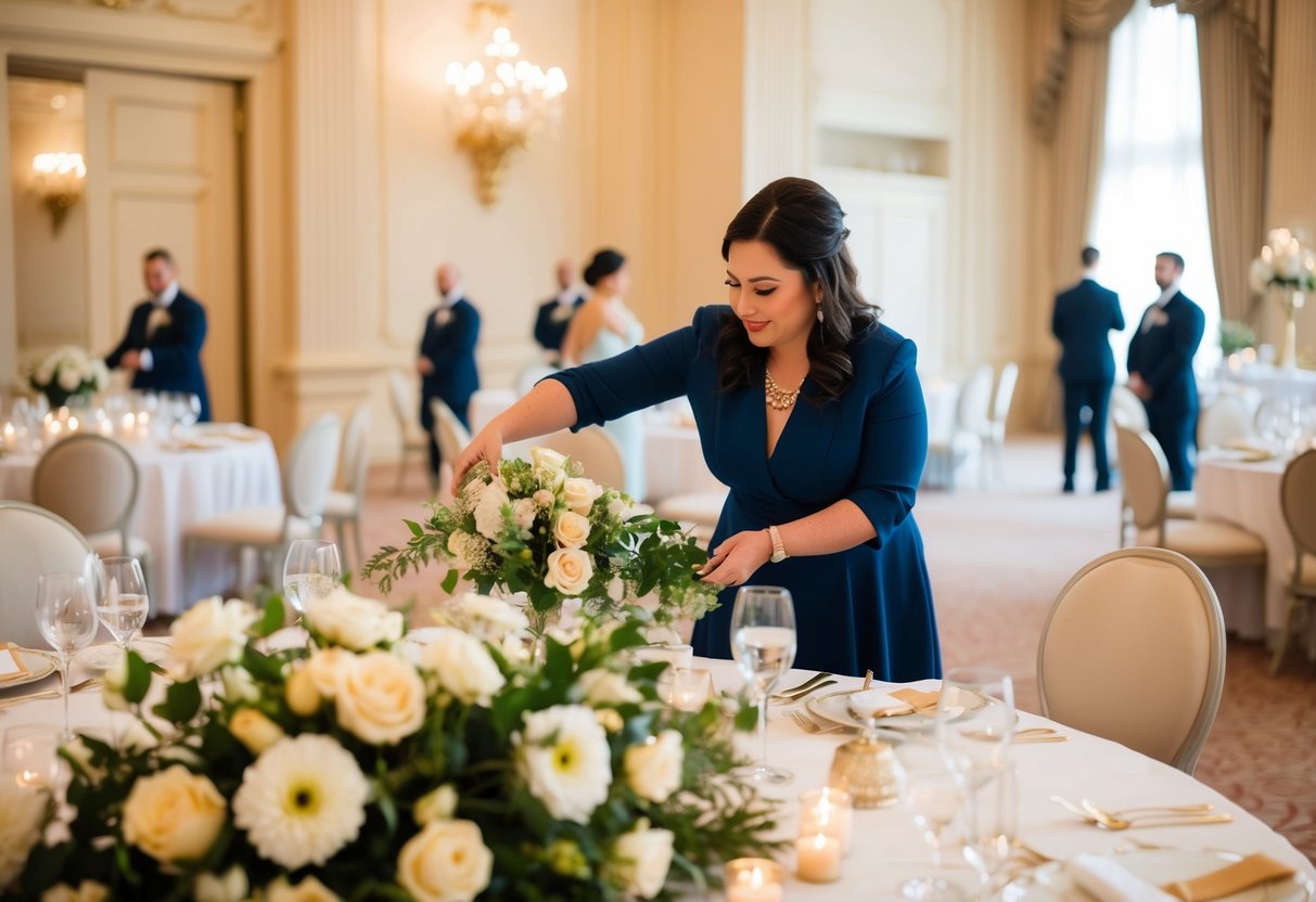A wedding planner arranging flowers, seating, and decor in a grand ballroom