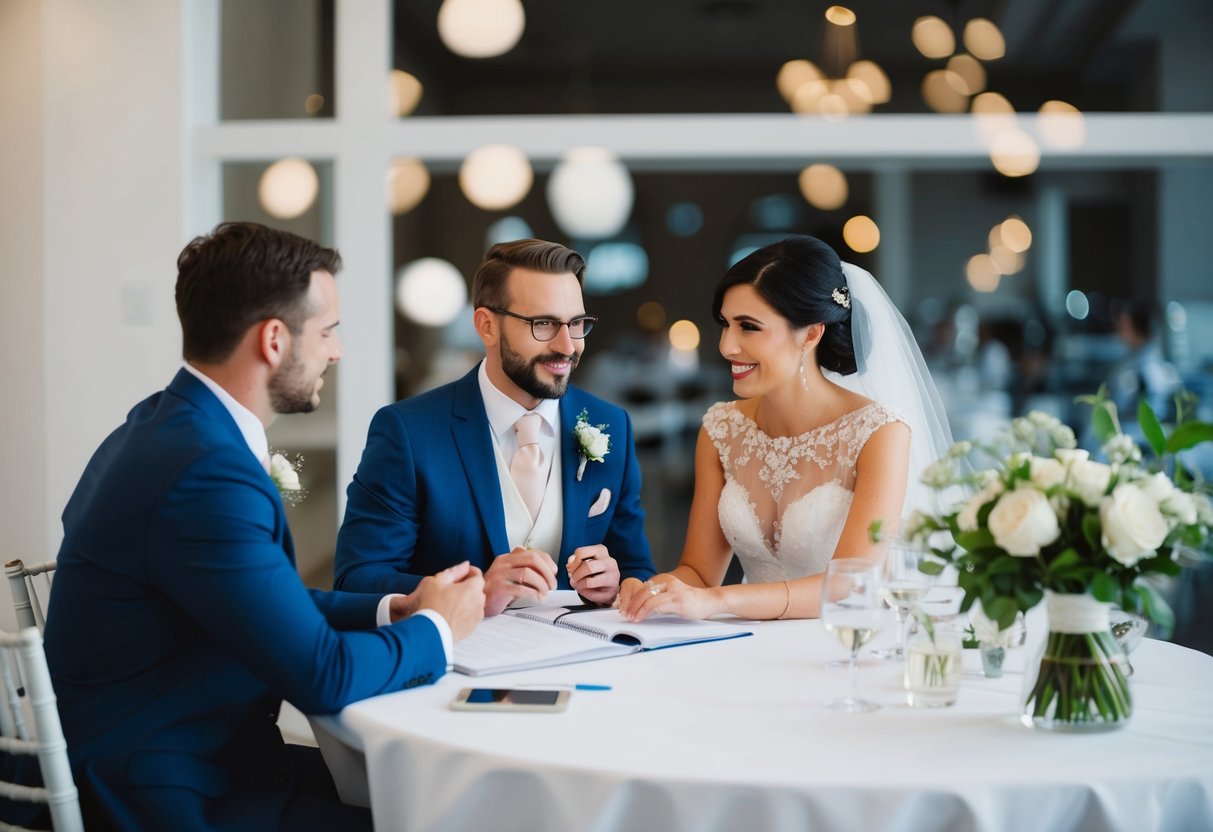 A bride and groom sit at a table with a wedding planner, discussing details and making plans for their upcoming wedding