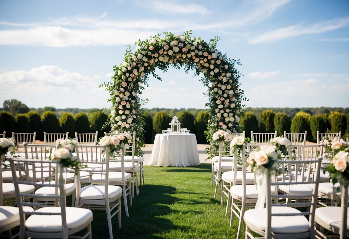 A floral arch stands at the center of the outdoor ceremony space, surrounded by rows of chairs. Tables are set with elegant place settings and centerpieces for the reception