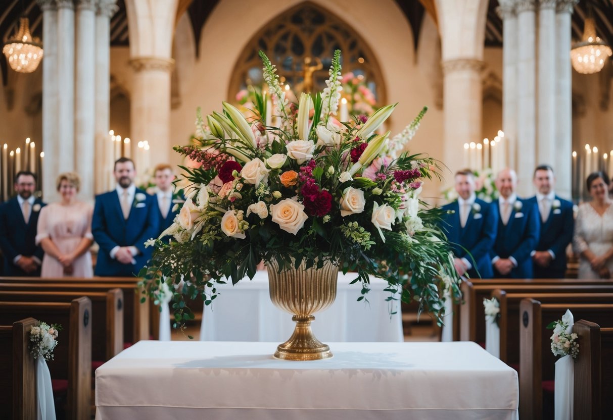 A floral arrangement sits atop the altar in a UK wedding