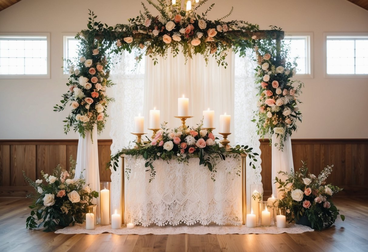A floral-adorned altar with a white lace backdrop and soft candlelight