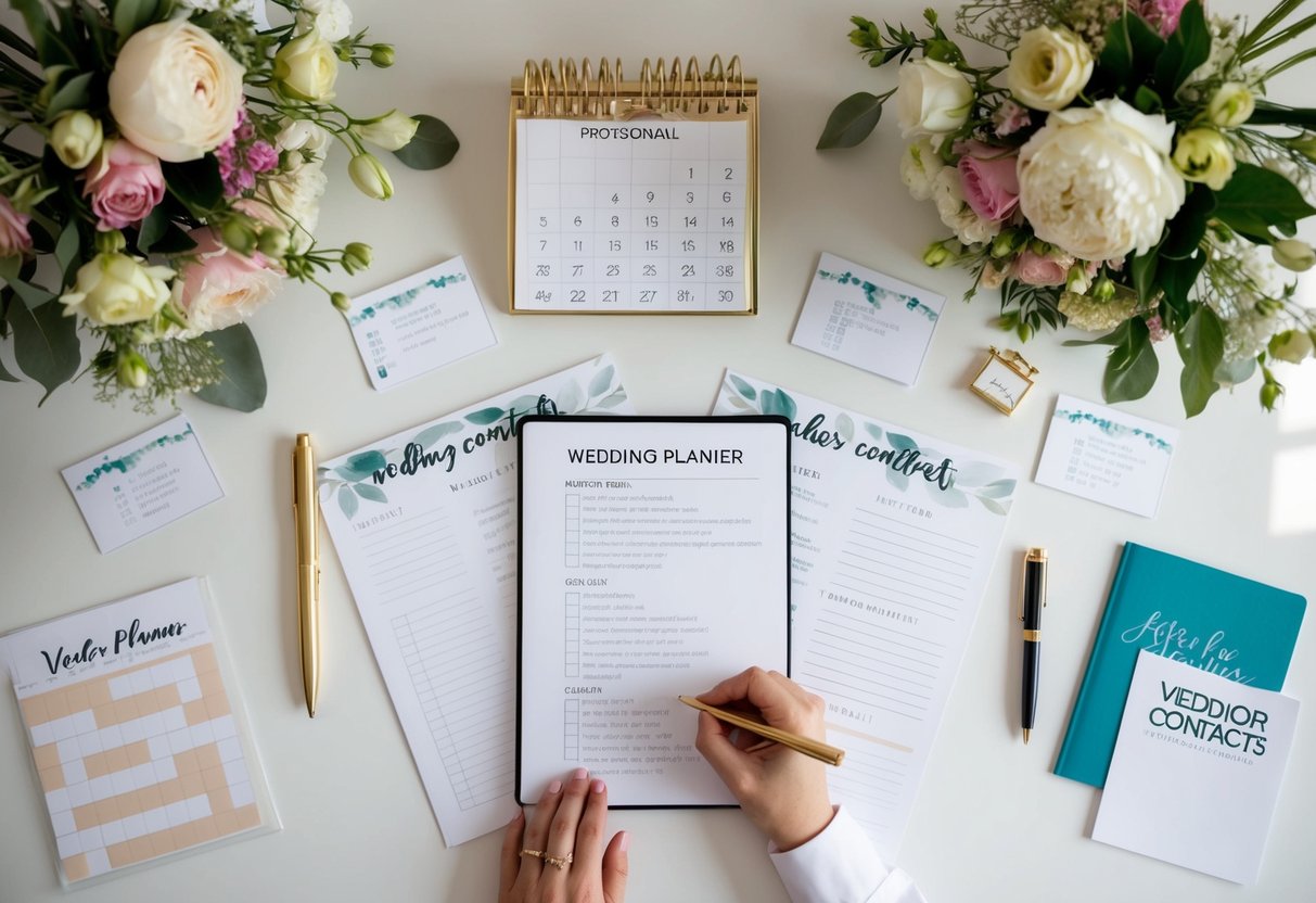 A wedding planner with a checklist, calendar, and vendor contacts spread out on a desk surrounded by flowers and wedding decor samples