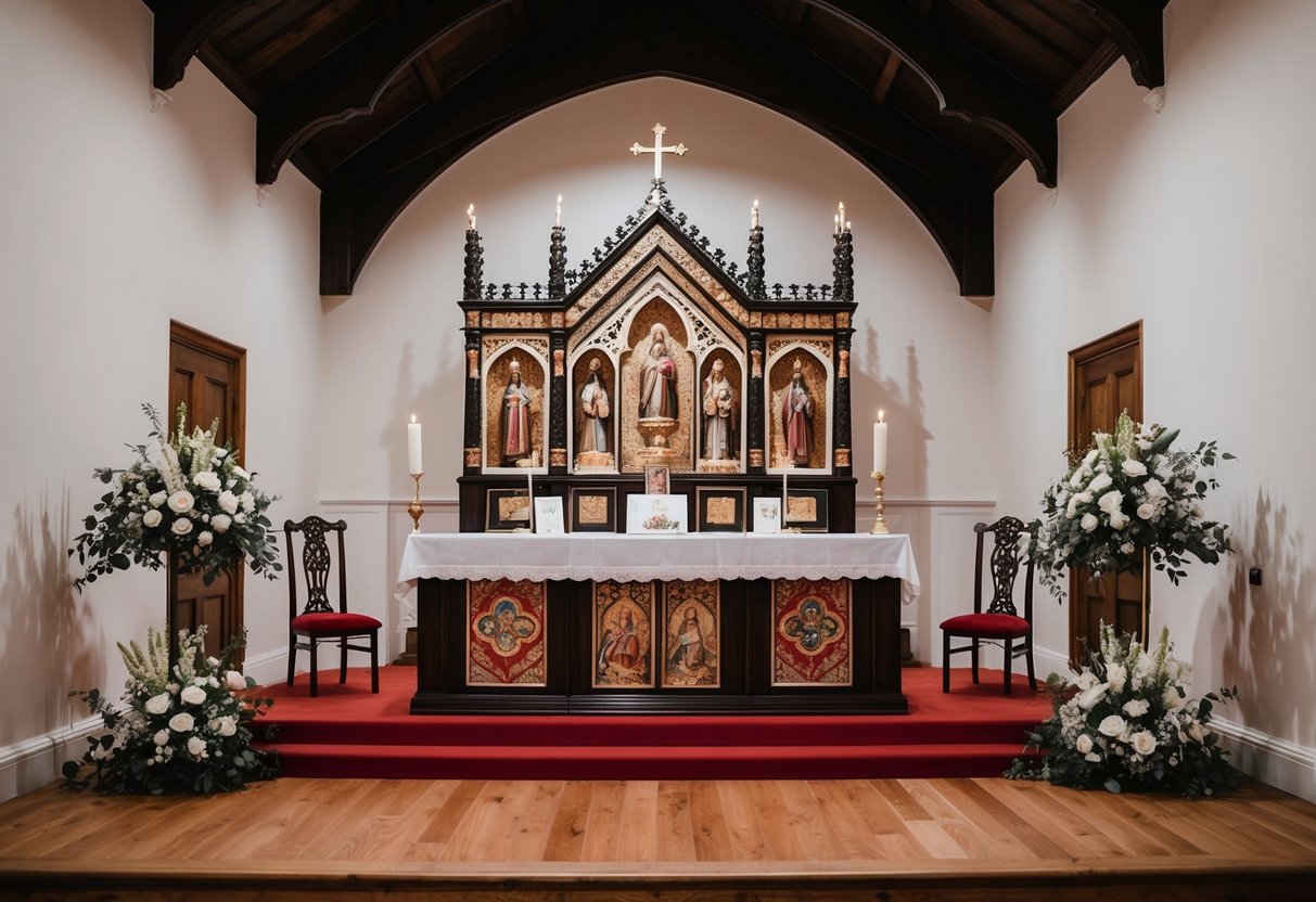 A traditional British wedding altar with symbolic cultural and religious elements
