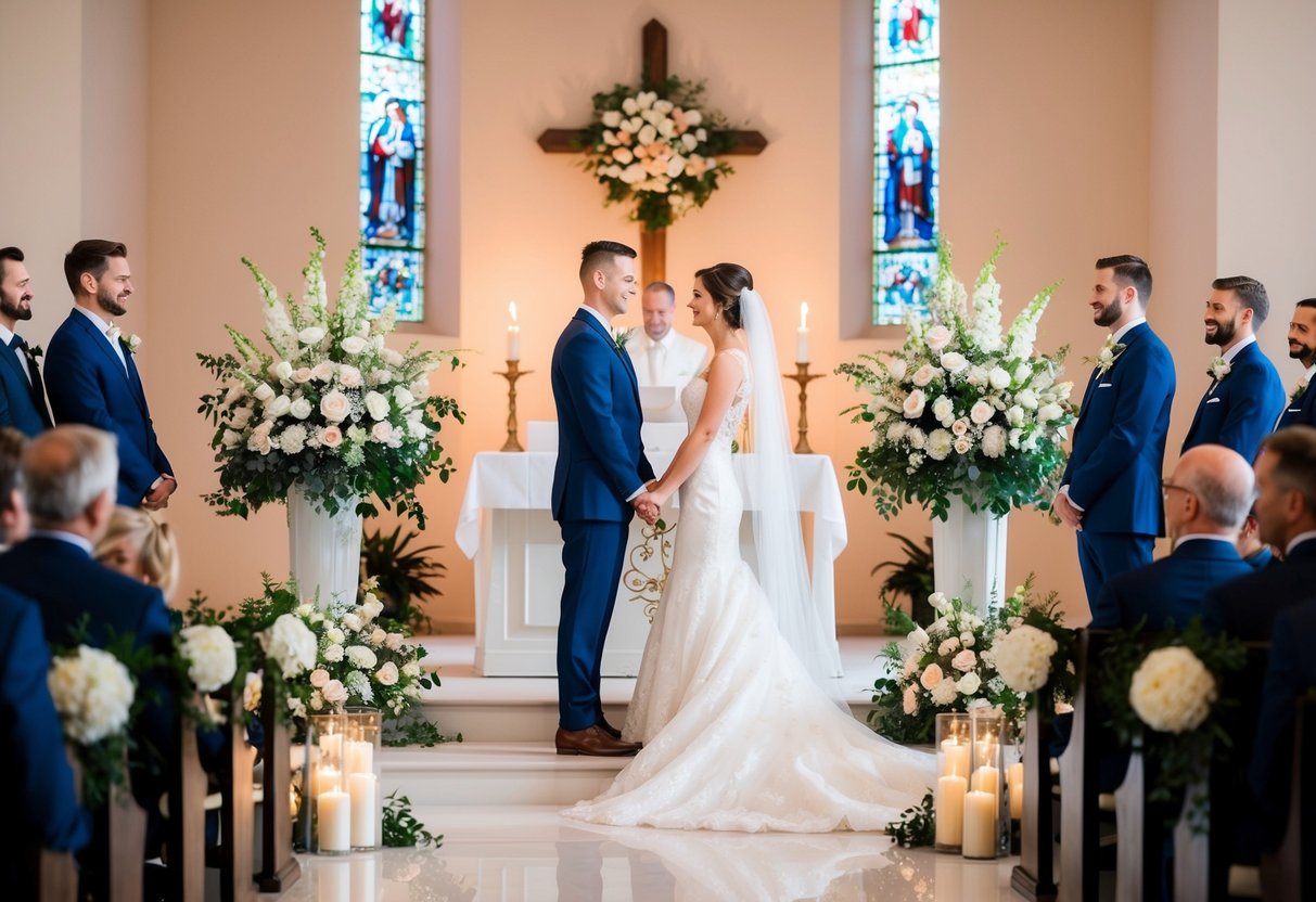 A bride and groom stand at the altar, surrounded by elegant floral arrangements and romantic candlelight