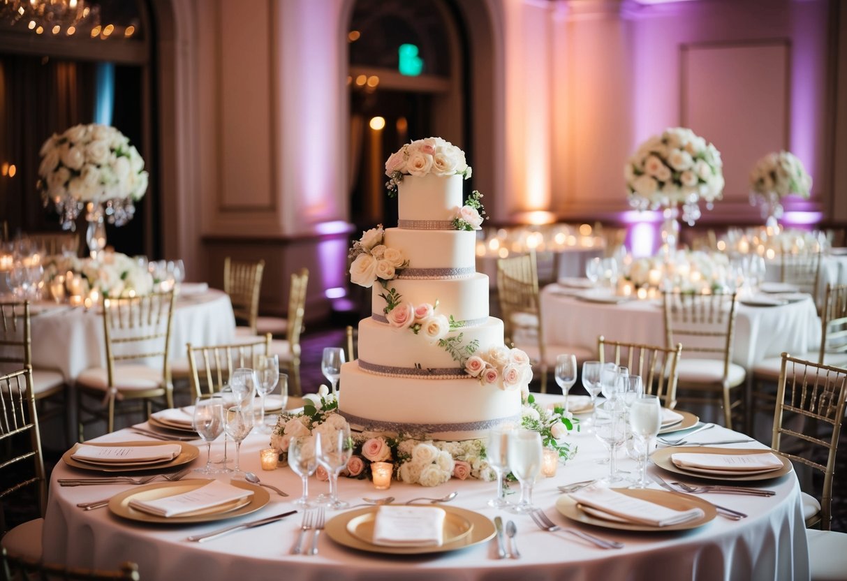 A lavish wedding reception with elegant decorations, floral centerpieces, and a grand cake. Tables are set with fine china and crystal glassware