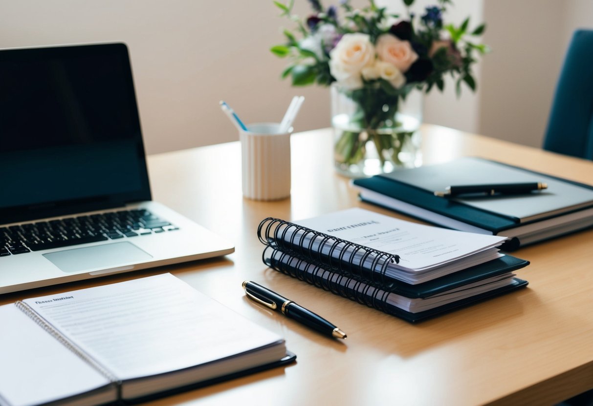 A desk with a laptop, planner, and pen. A stack of resumes and a wedding planning book sit nearby