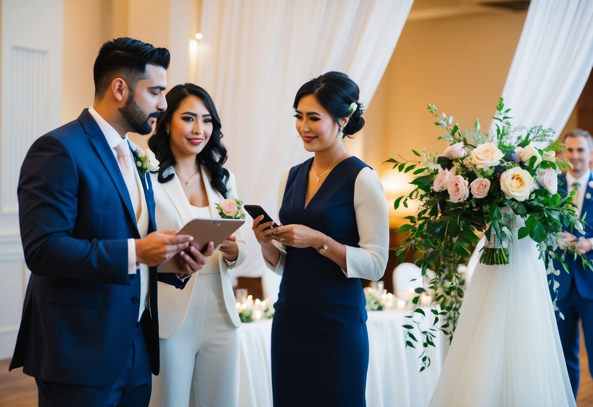 A wedding planner with a clipboard and a phone, discussing details with a couple. A wedding decorator arranging flowers and draping fabric in a reception hall