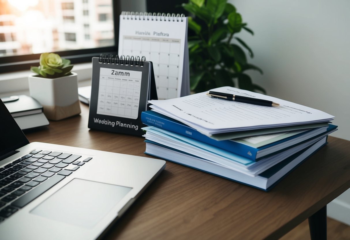 A desk with a laptop, calendar, and wedding planning books. A stack of resumes with a pen on top