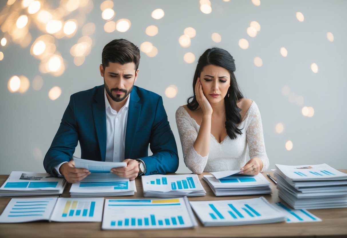 A couple sits at a table covered in wedding magazines and spreadsheets, calculating expenses with worried expressions