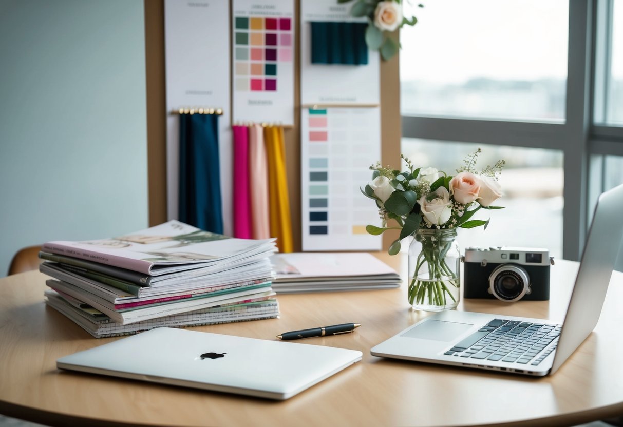 A table with a laptop, planner, and pen. A stack of wedding magazines and a mood board with color swatches and fabric samples