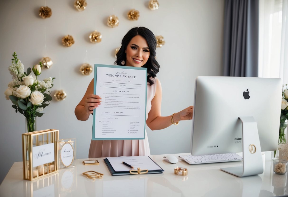A wedding planner organizing and beautifying their resume with a computer, planner, and wedding-themed decorations