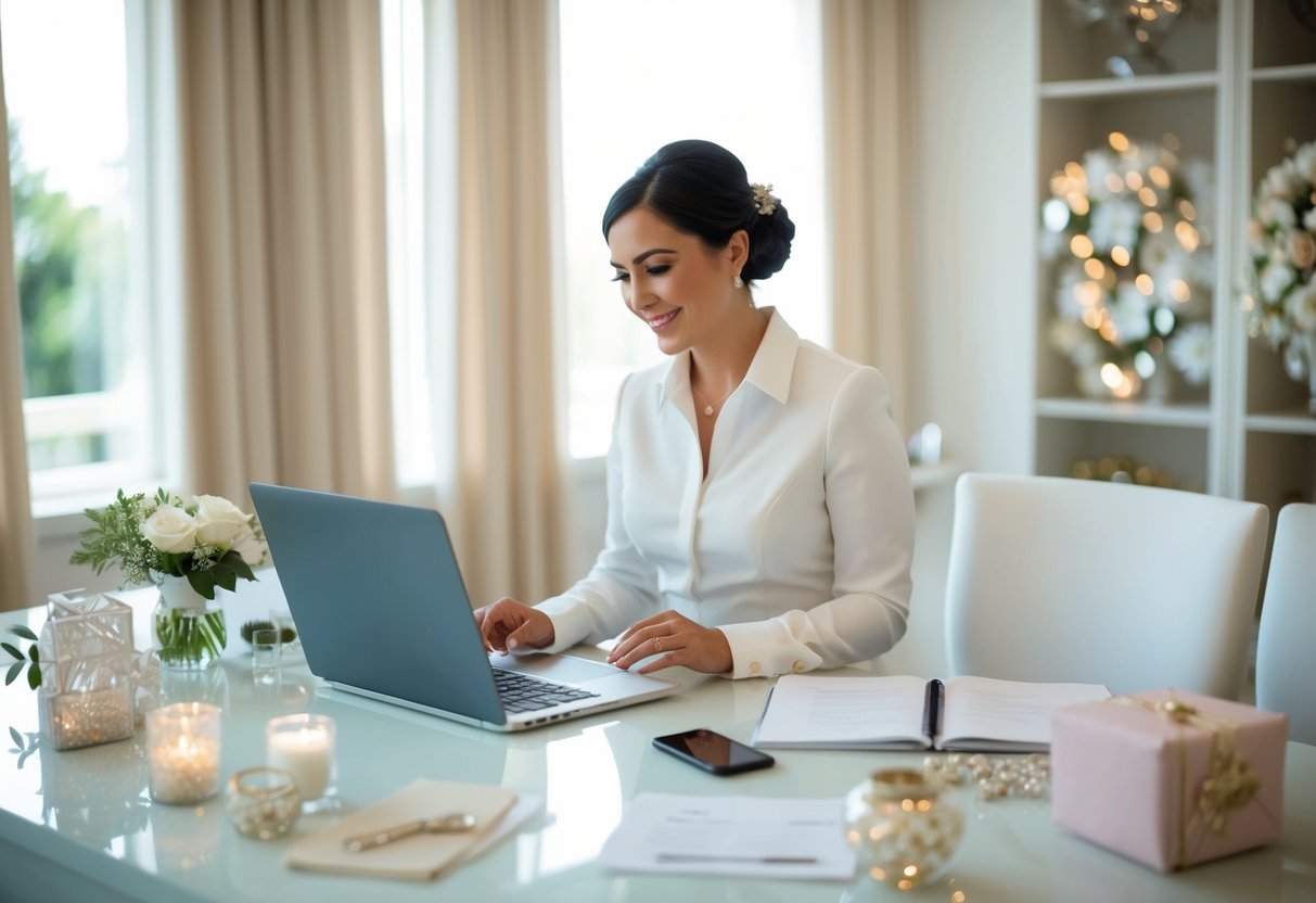 A wedding coordinator at a desk with a laptop and phone, surrounded by wedding decor and planning materials