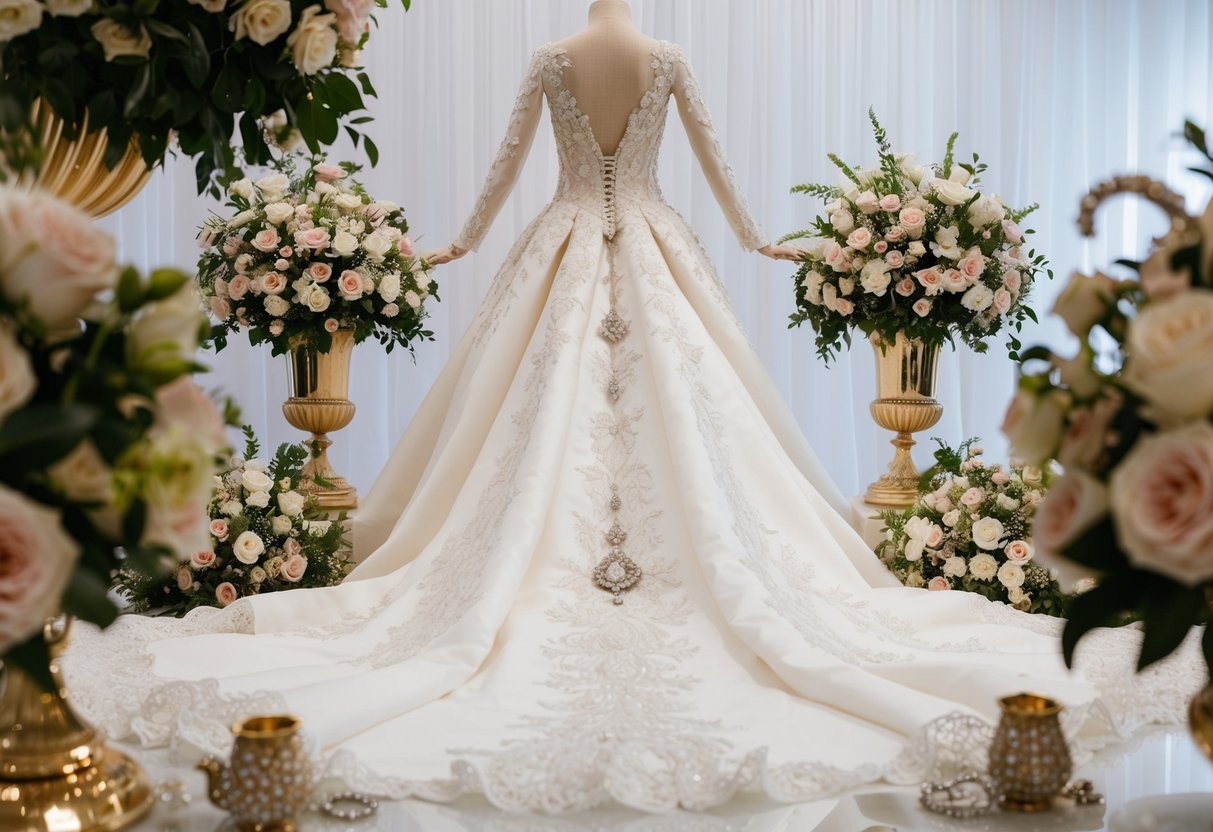 A lavish wedding dress surrounded by expensive jewelry and elegant floral arrangements