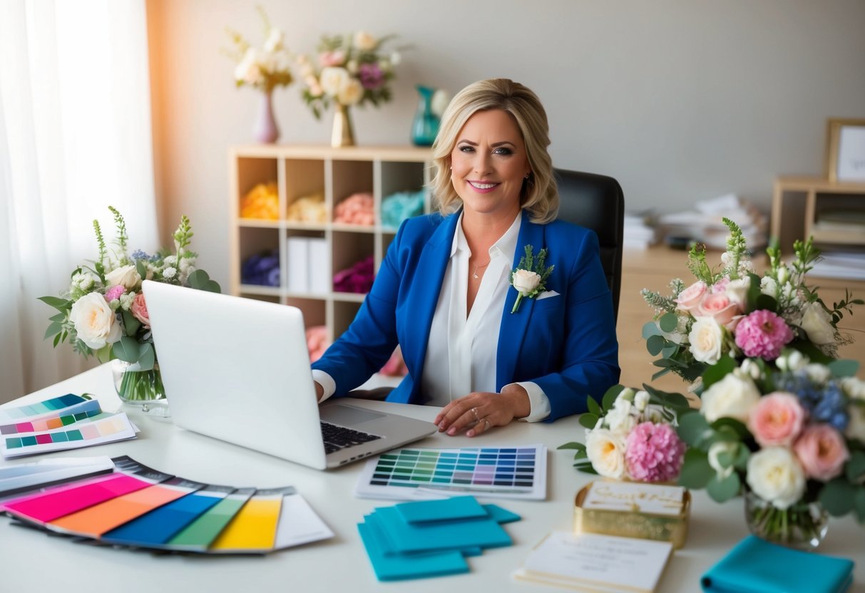 A wedding planner sits at a desk surrounded by color swatches, fabric samples, and floral arrangements, with a laptop open to a detailed schedule