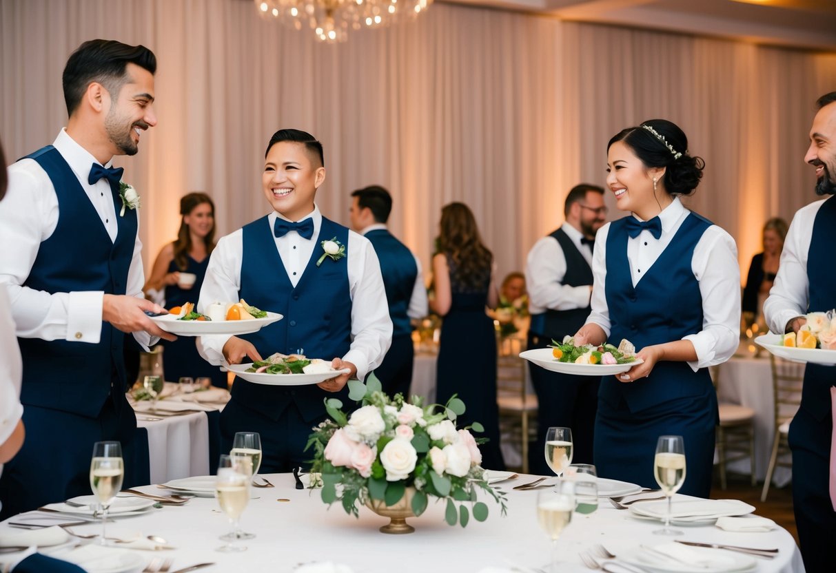 A wedding reception with staff serving and clearing tables, while guests engage in conversation and laughter
