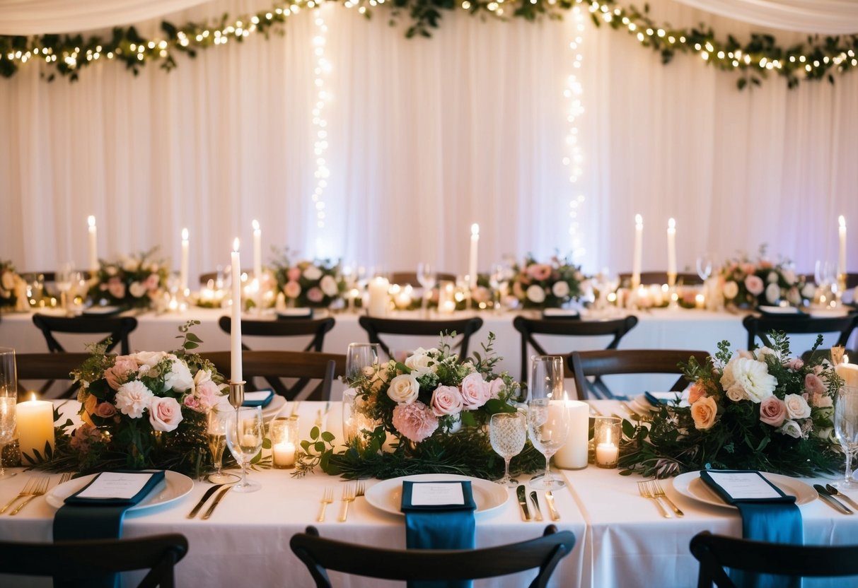A table adorned with floral centerpieces, candles, and elegant place settings. A backdrop of twinkling lights and draped fabric adds a romantic touch