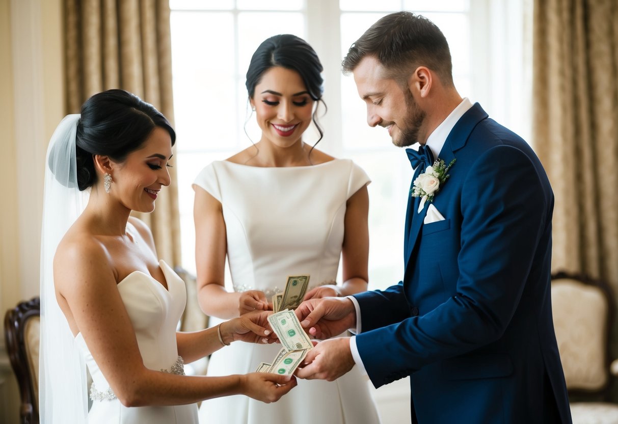 A bride and groom placing money in envelopes for wedding staff