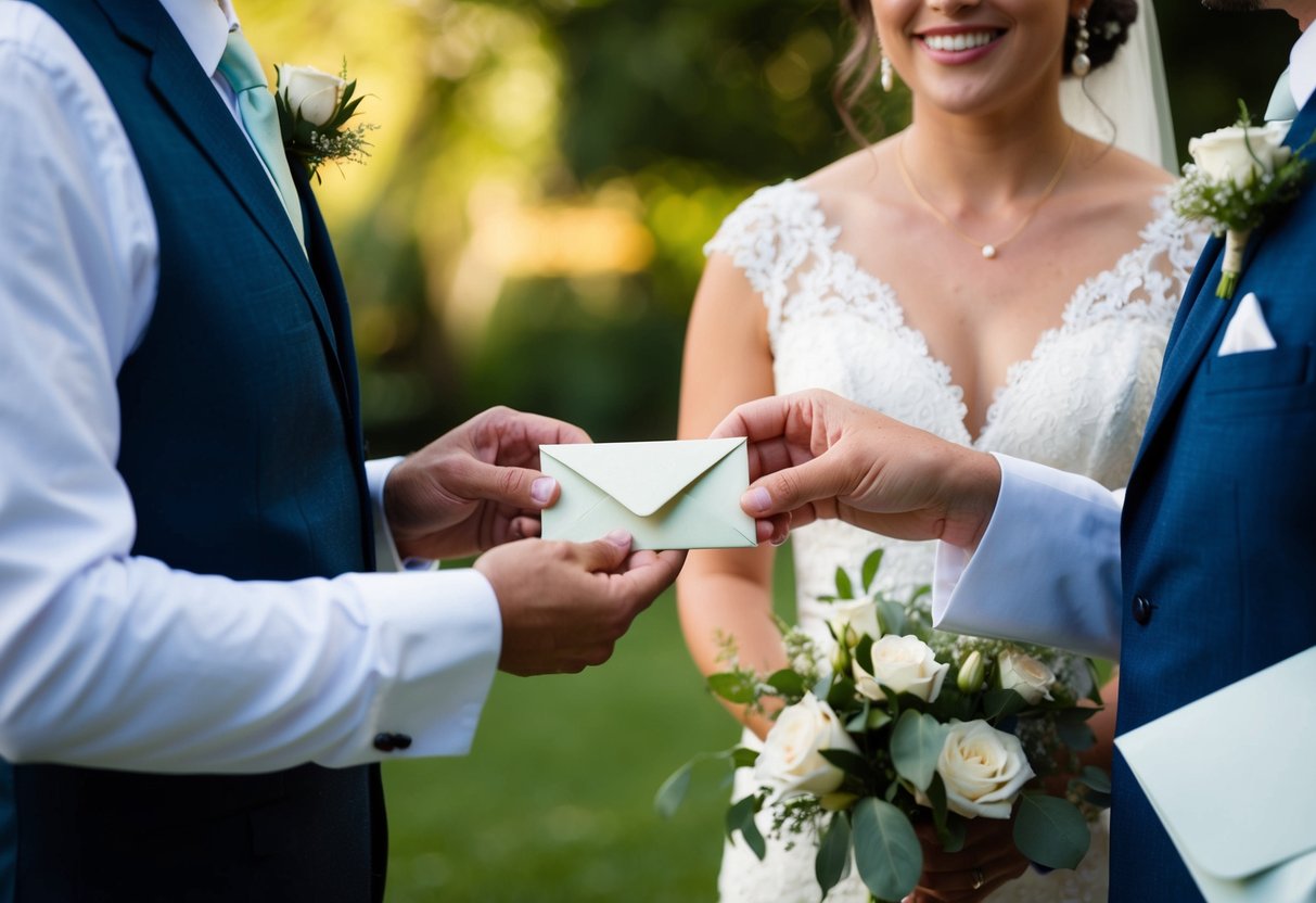 A bride and groom hand a small envelope to each member of the wedding staff as a gesture of appreciation