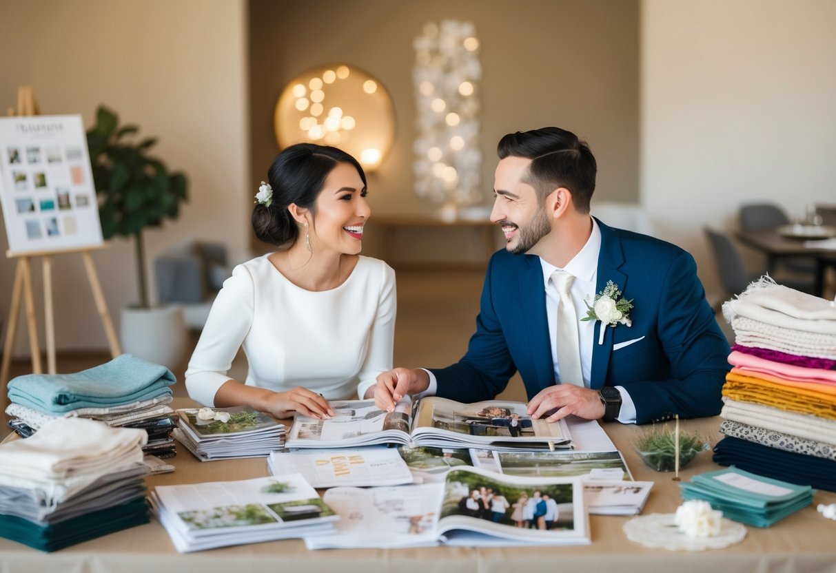 A couple sits at a table covered in wedding magazines and sketches, surrounded by piles of fabric swatches and DIY decorations. They excitedly plan their budget-friendly wedding