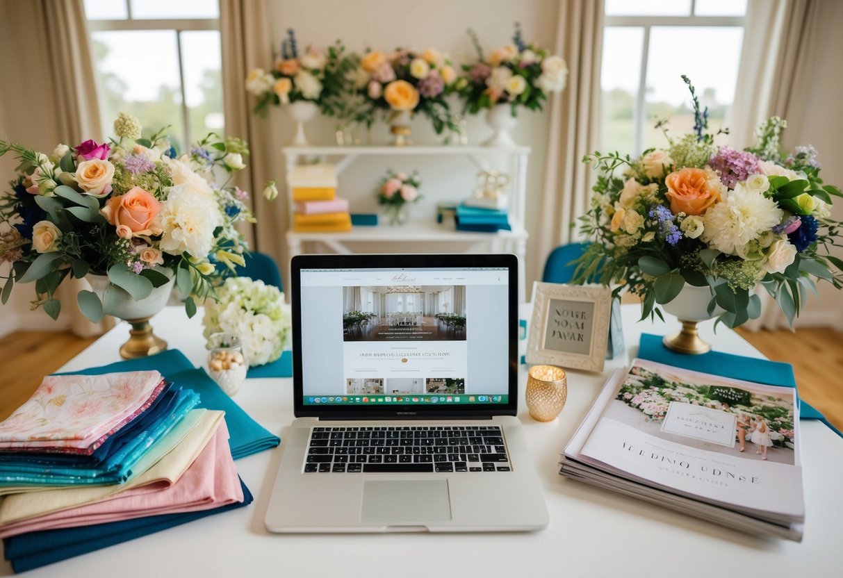 A wedding planner's desk cluttered with colorful fabric swatches, floral arrangements, and bridal magazines, with a laptop open to a wedding venue website