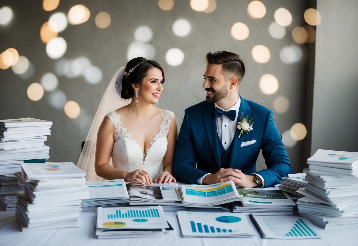 A bride and groom sit at a table covered in wedding magazines and spreadsheets, surrounded by stacks of price quotes and DIY project supplies