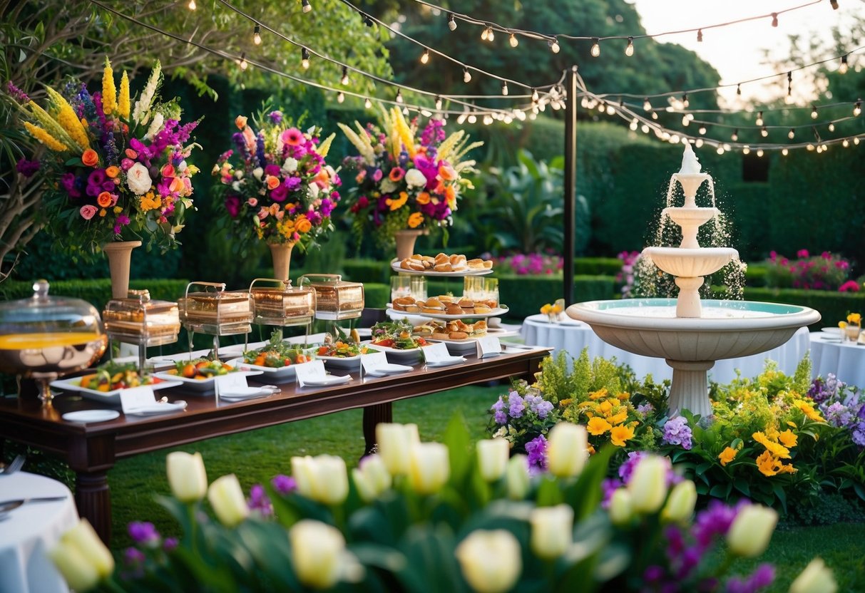 A lush garden setting with colorful floral arrangements, twinkling string lights, and elegant table settings. A buffet of gourmet dishes and a flowing champagne fountain add to the lavish atmosphere