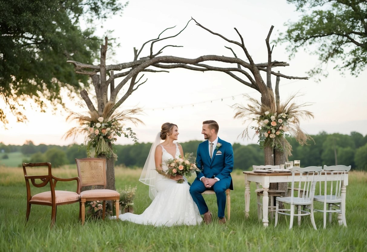 A couple repurposes found objects for a rustic outdoor wedding: tree branches for arch, wildflowers for decor, and repainted furniture for seating