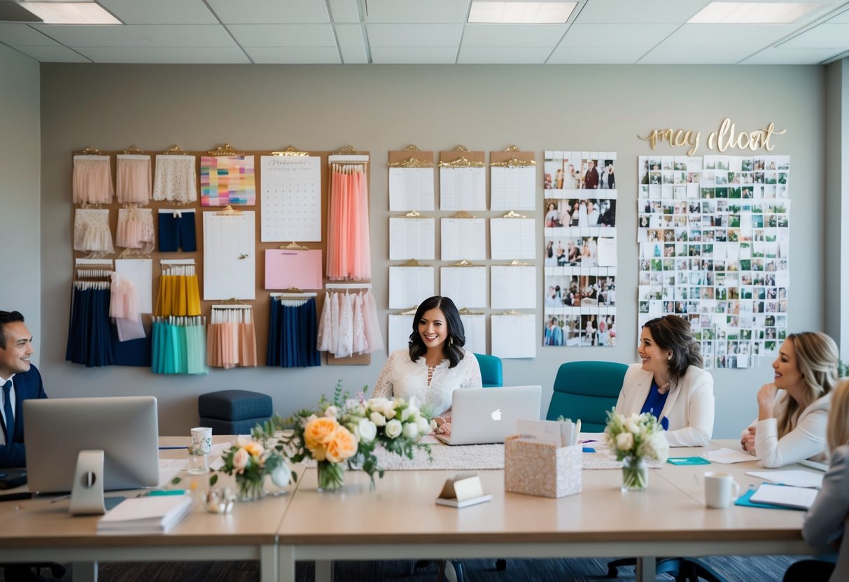A bustling wedding planning office with colorful mood boards, fabric swatches, and a wall of client photos for inspiration
