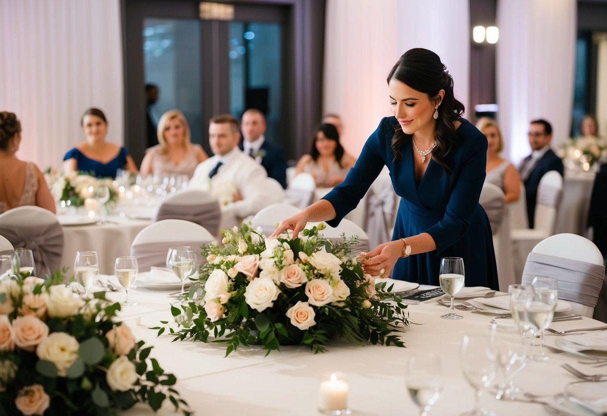 A wedding planner organizing seating arrangements and floral decorations for a reception