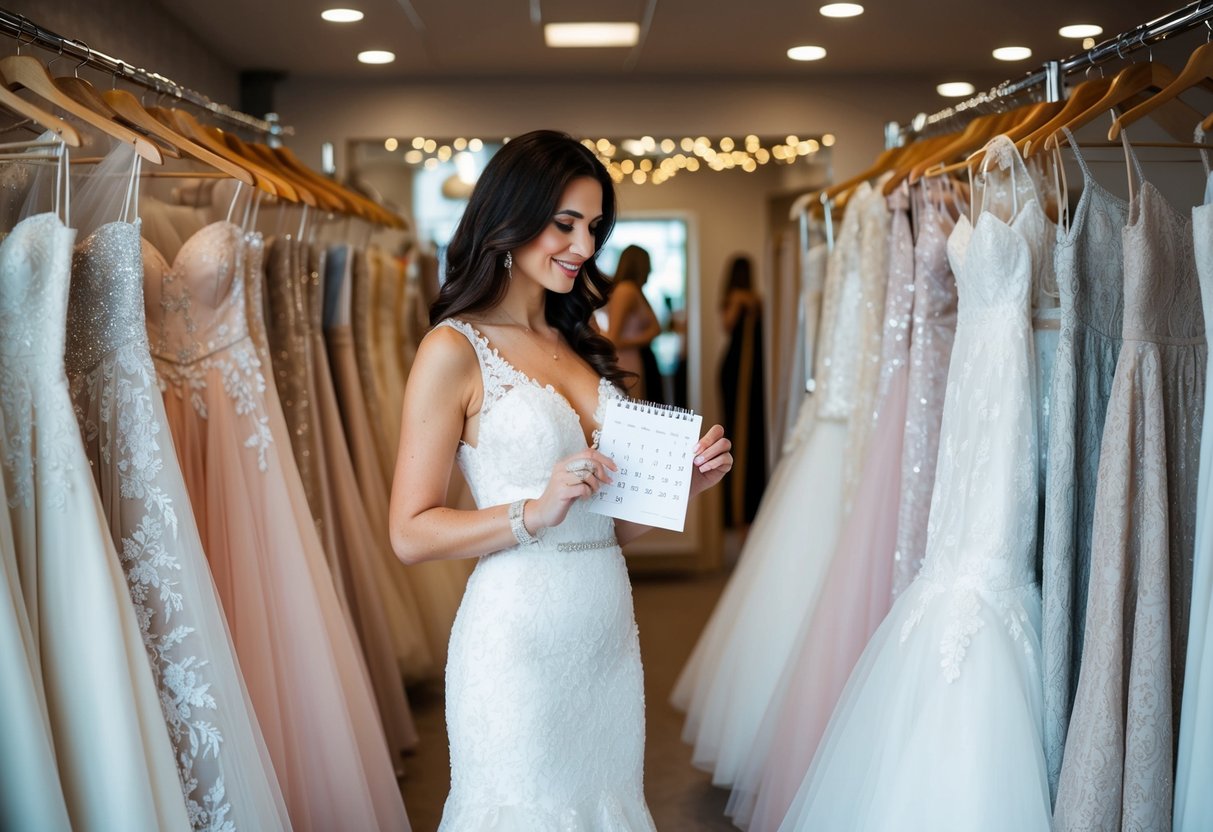 A woman browsing wedding dresses in a boutique, surrounded by racks of gowns and holding a calendar in her hand