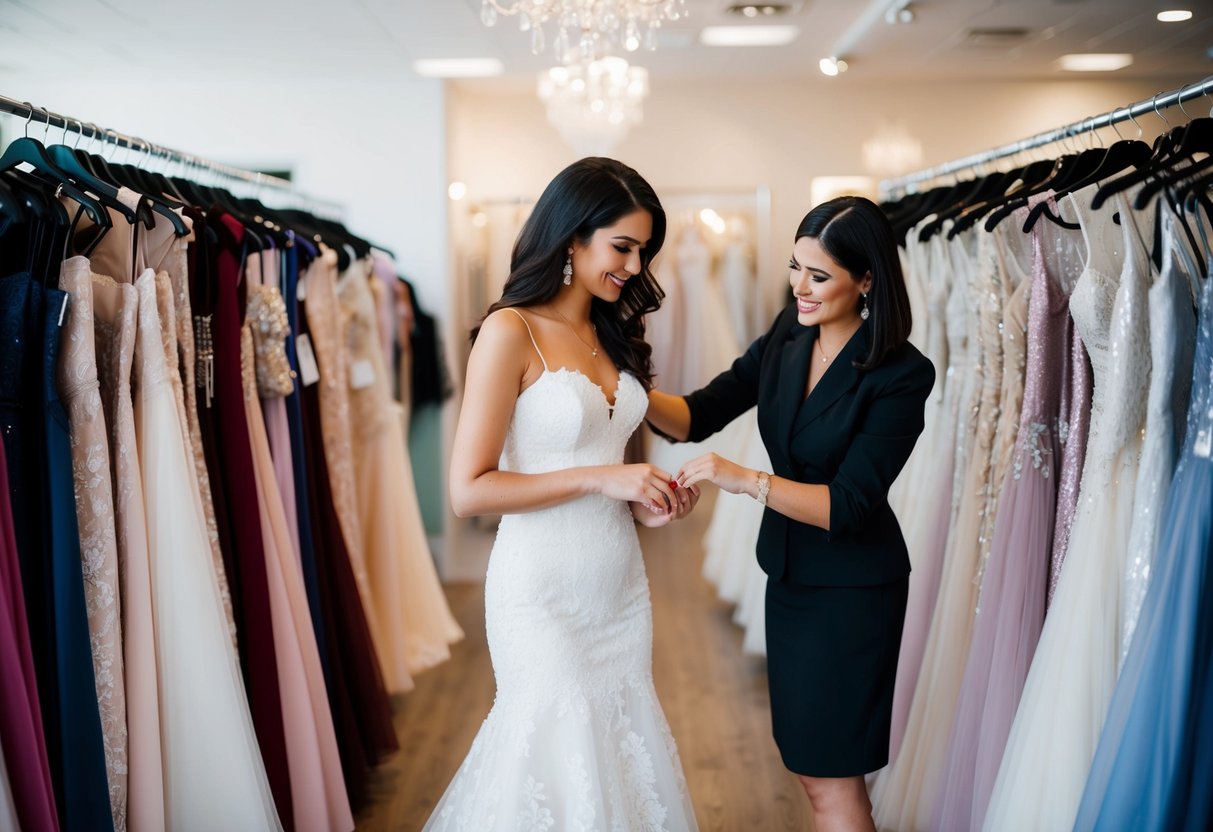 A woman browsing wedding dresses in a boutique, surrounded by racks of gowns and a sales associate assisting her