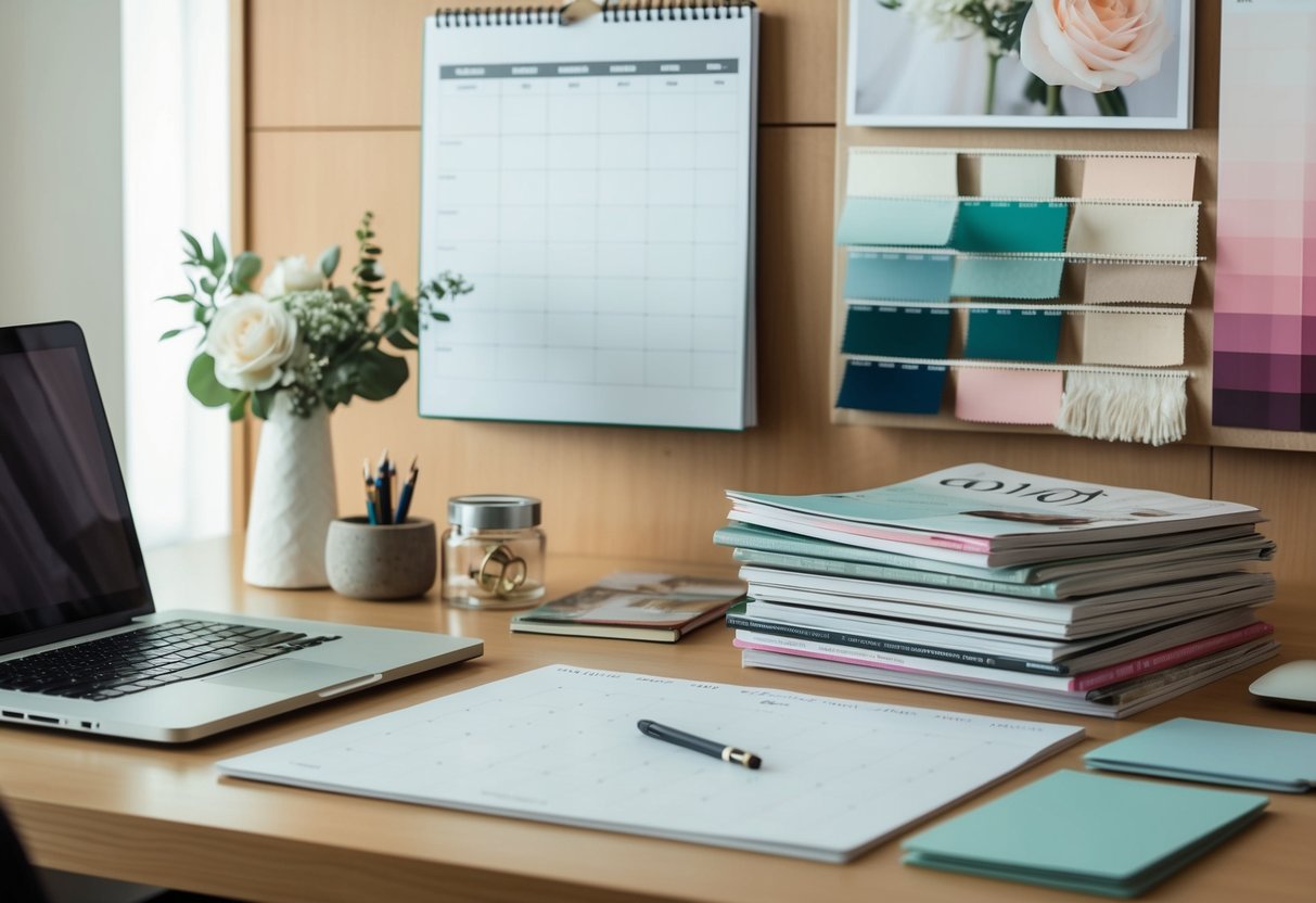 A desk with a laptop, calendar, and budget spreadsheet. A stack of wedding magazines and a mood board with color swatches and fabric samples