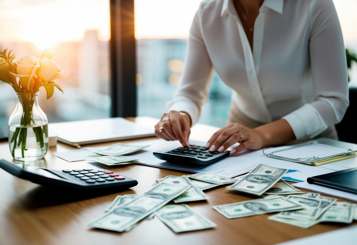 A wedding planner organizing a budget with scattered bills and a calculator on a desk