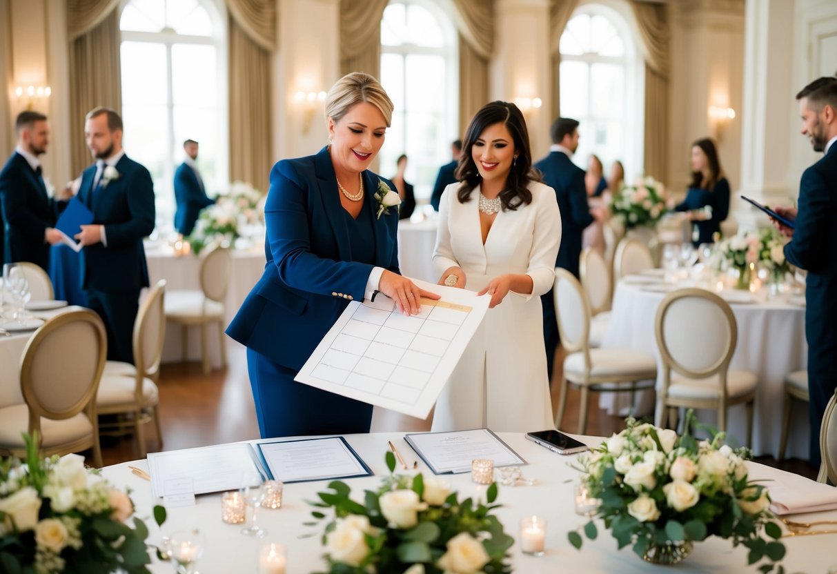 A wedding coordinator organizing seating charts, floral arrangements, and coordinating with vendors in a bustling, elegant venue