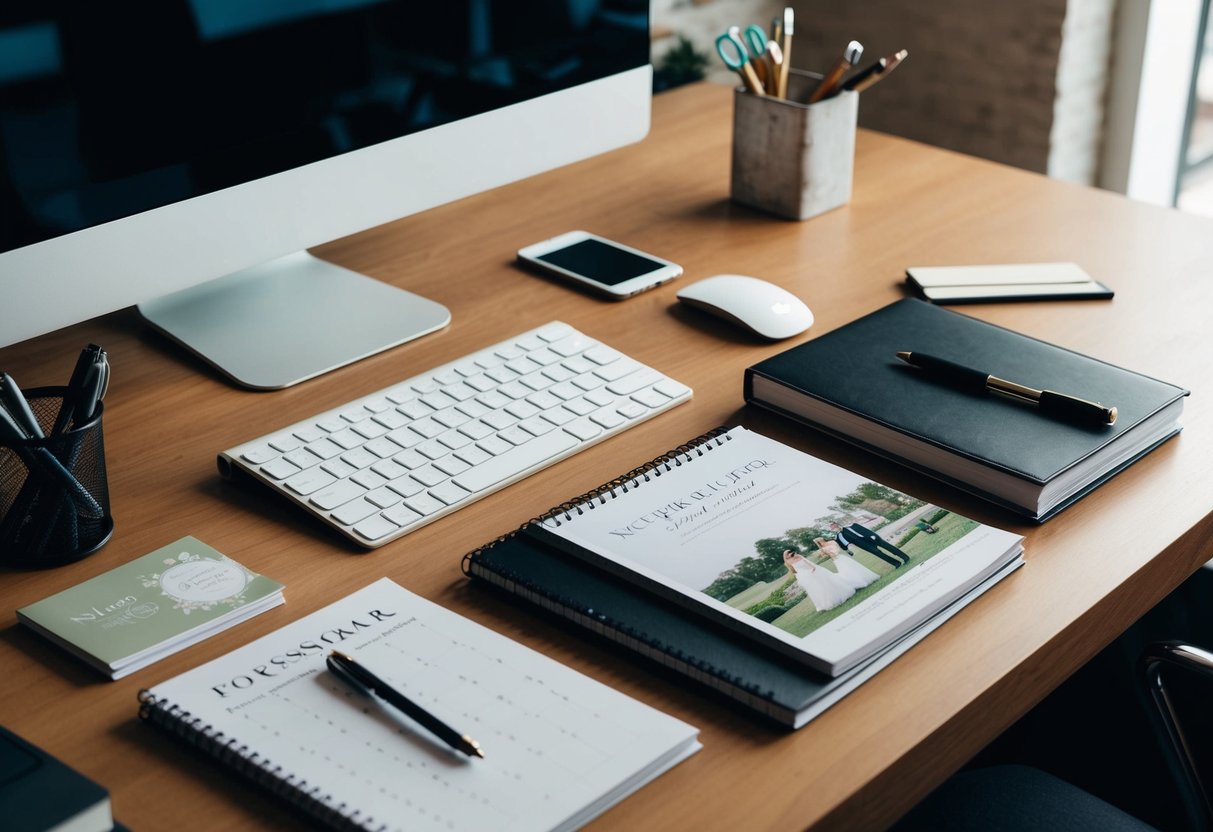 A desk with a computer, notebooks, and pens. A calendar and wedding magazines are spread out for inspiration