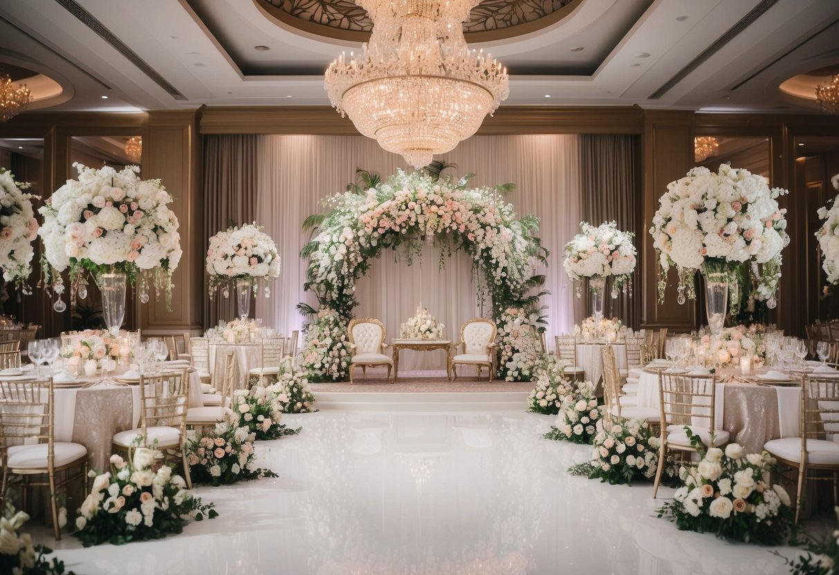 A lavish wedding venue with extravagant decorations and opulent floral arrangements