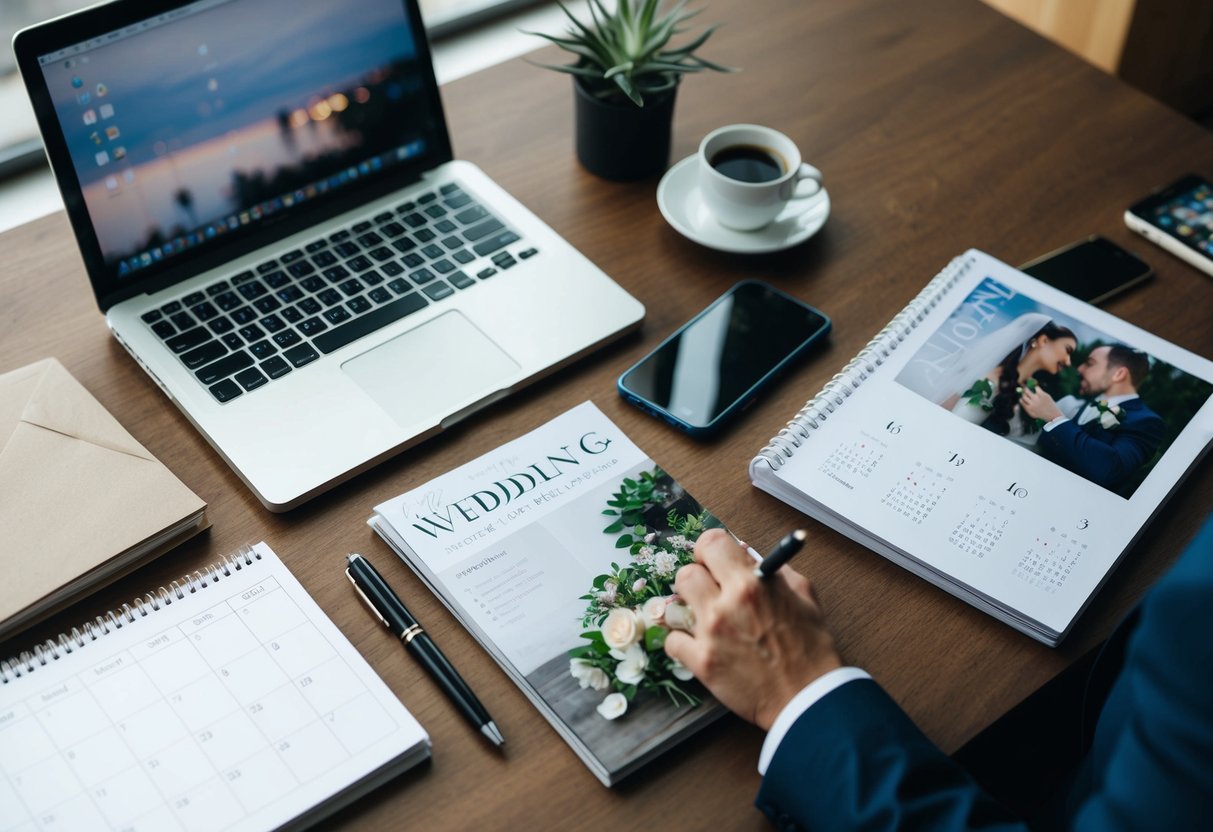 A desk with a laptop, notebook, and pen. A calendar and wedding magazines are scattered around. A cup of coffee sits nearby