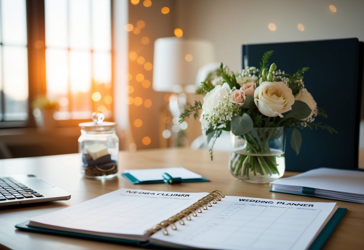 A wedding planner with checklist, calendar, and pen on a desk