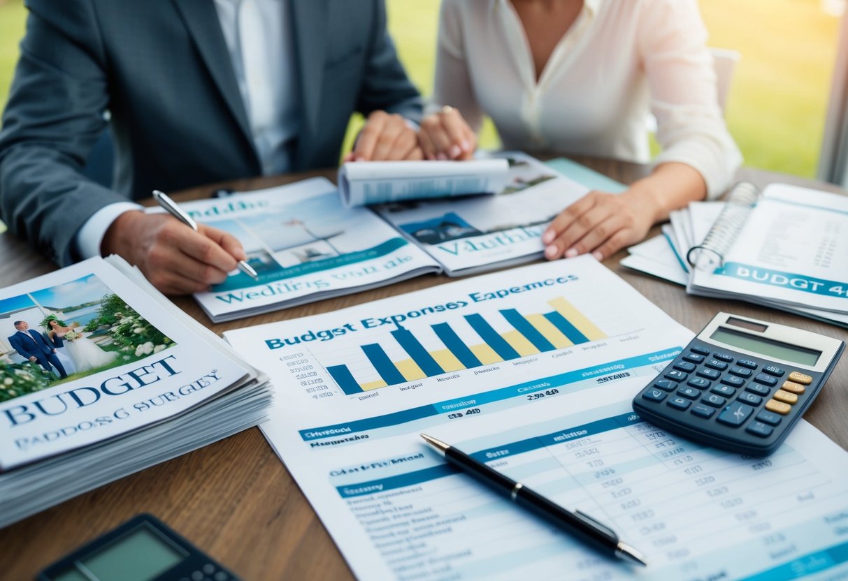 A table covered in wedding magazines and budget spreadsheets, with a calculator and pen nearby. A worried couple discusses expenses