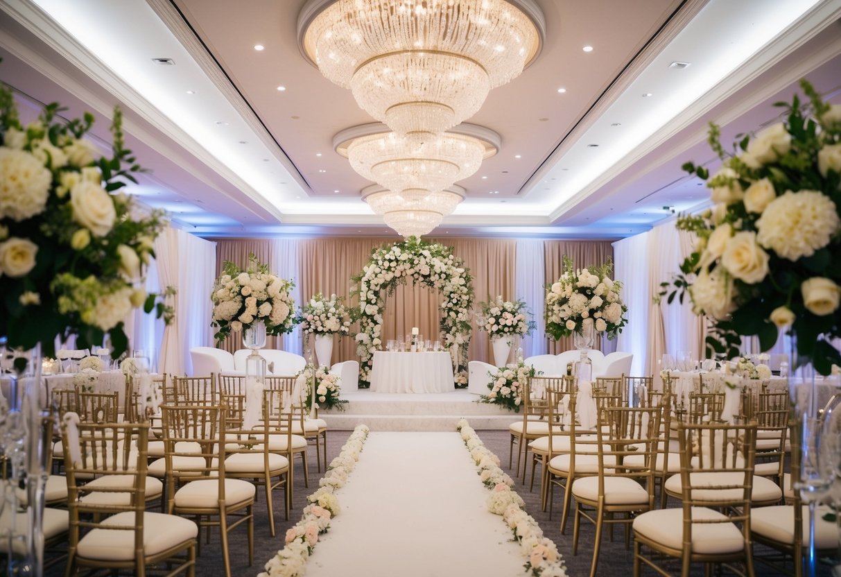 A lavish wedding venue with ornate decorations, elegant floral arrangements, and luxurious seating, showcasing the high cost of marriage