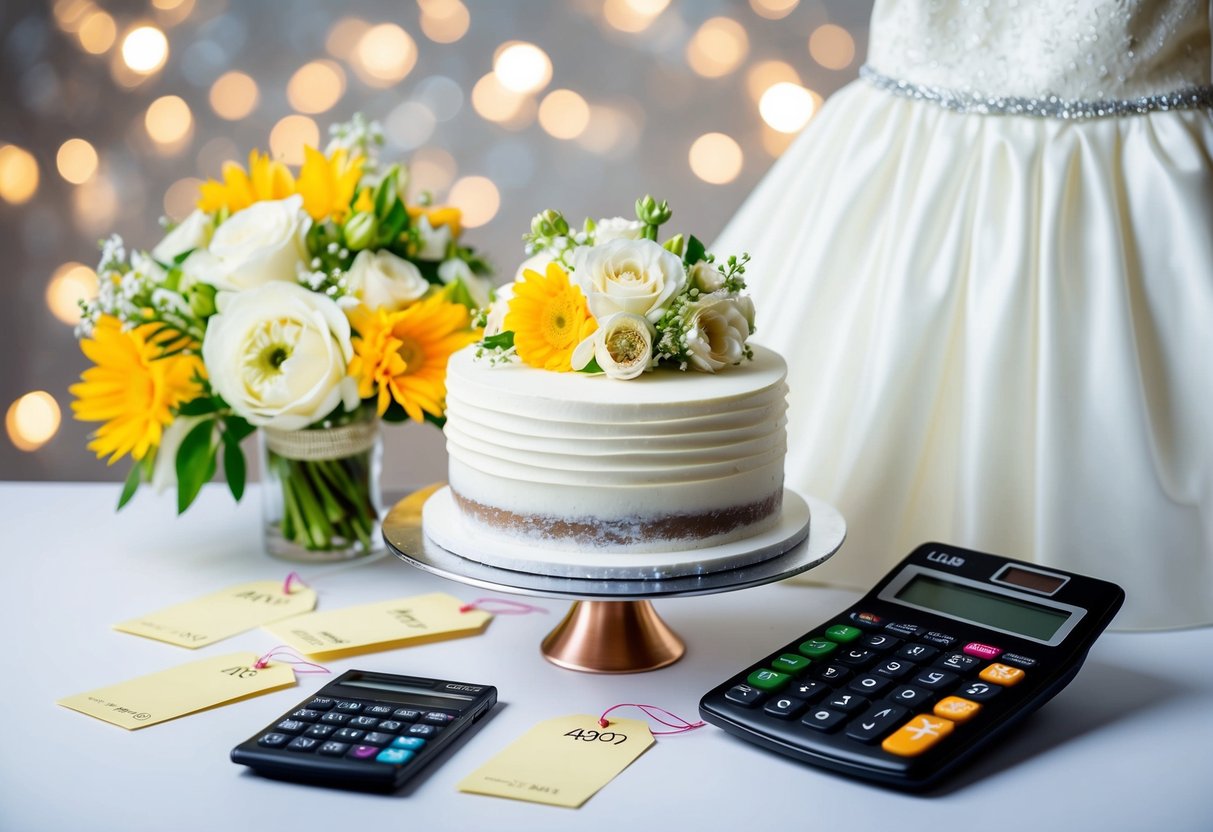 A wedding cake, flowers, and a wedding dress surrounded by price tags and a calculator