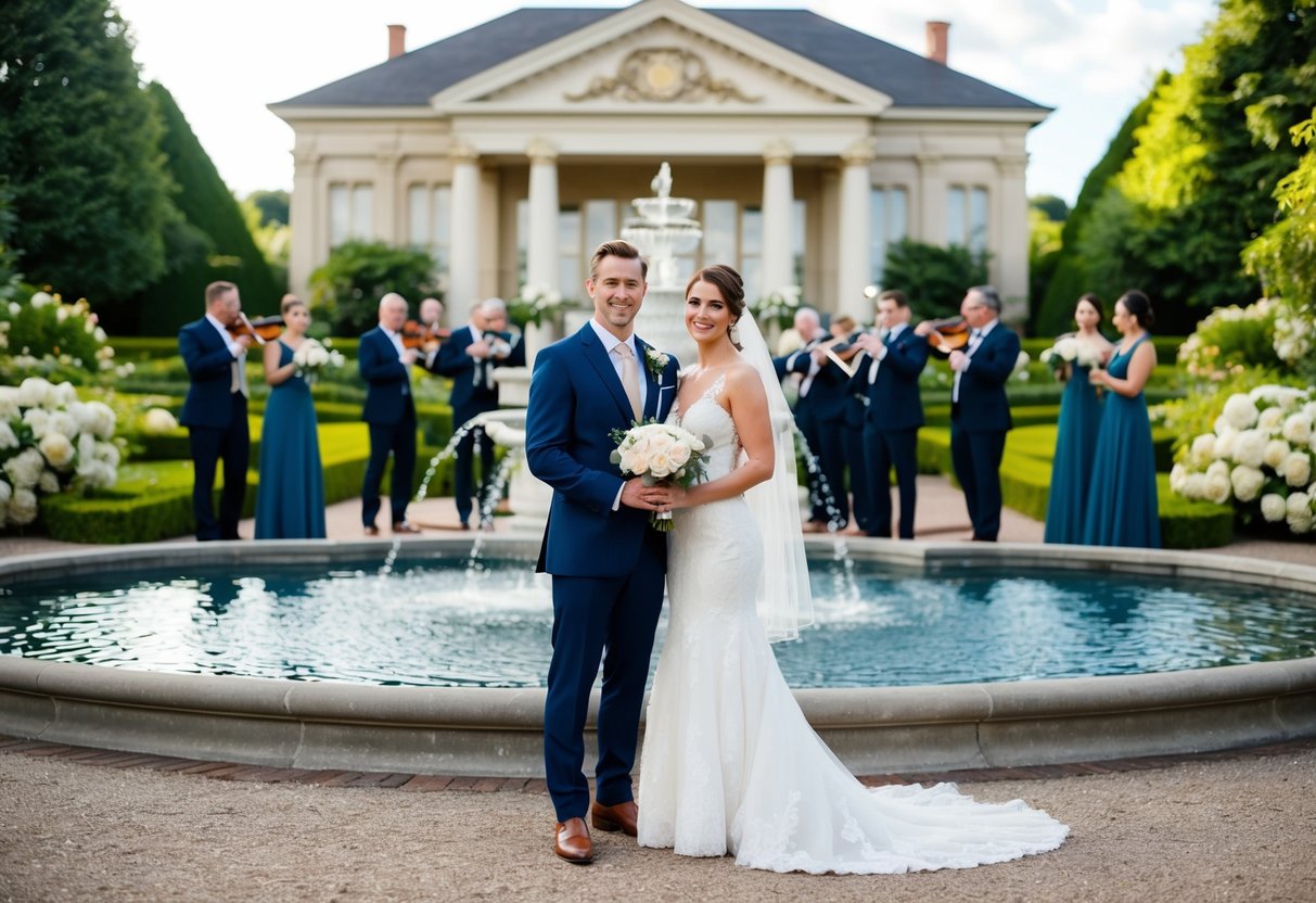 A bride and groom standing in front of a grand, ornate wedding venue with lush gardens and a flowing fountain. A string quartet plays in the background as guests mingle and enjoy champagne