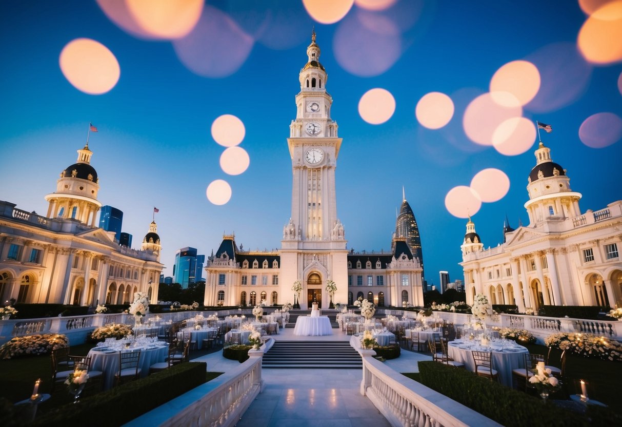 A grand clock tower overlooking an opulent wedding venue, surrounded by expensive city landmarks and extravagant decorations