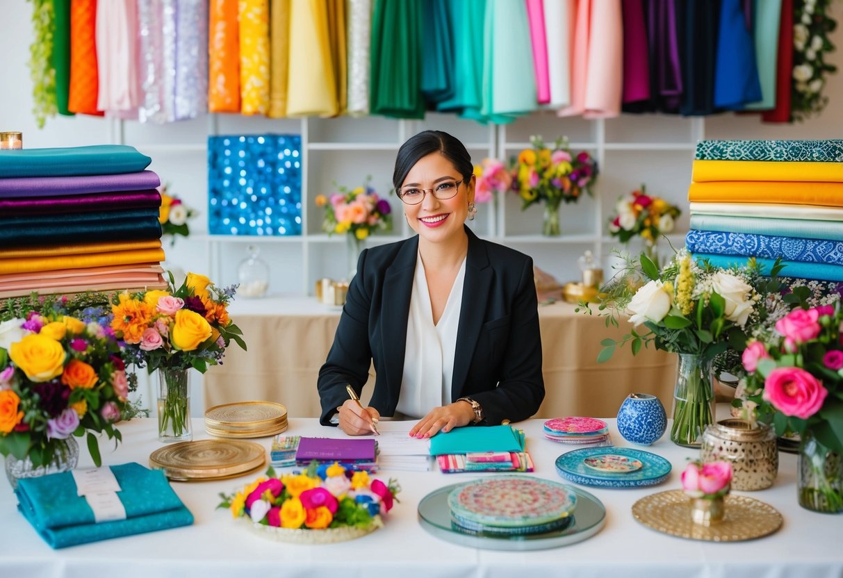 A wedding planner surrounded by colorful fabric swatches, flower arrangements, and diverse cultural decor samples
