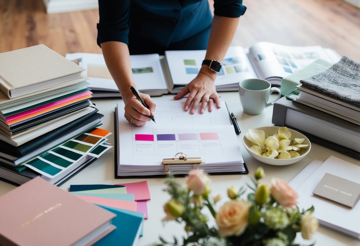 A wedding planner surrounded by design books, color swatches, and fabric samples, sketching out floor plans and floral arrangements