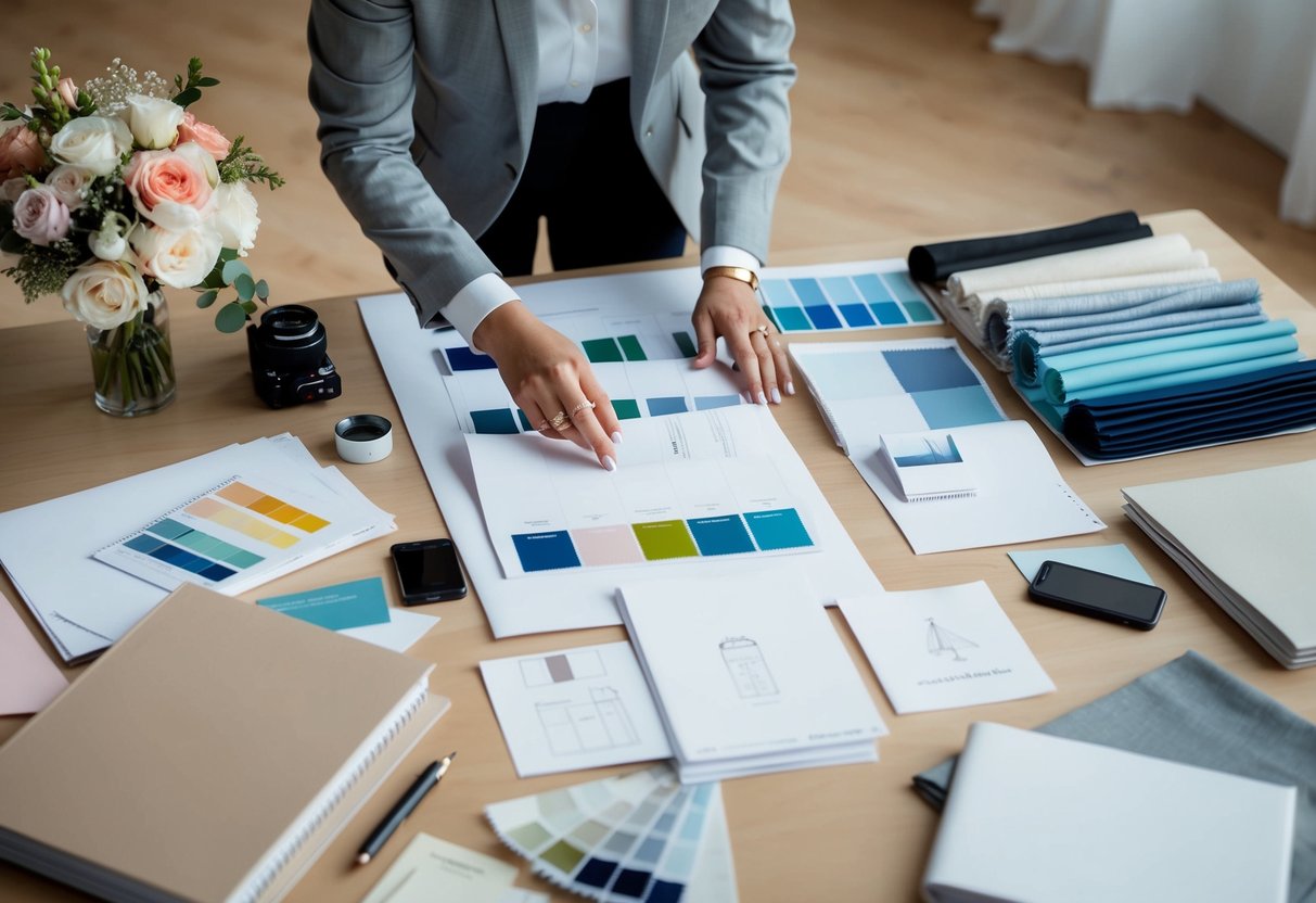 A wedding planner surrounded by design sketches, color swatches, and fabric samples, organizing details for a client's dream wedding