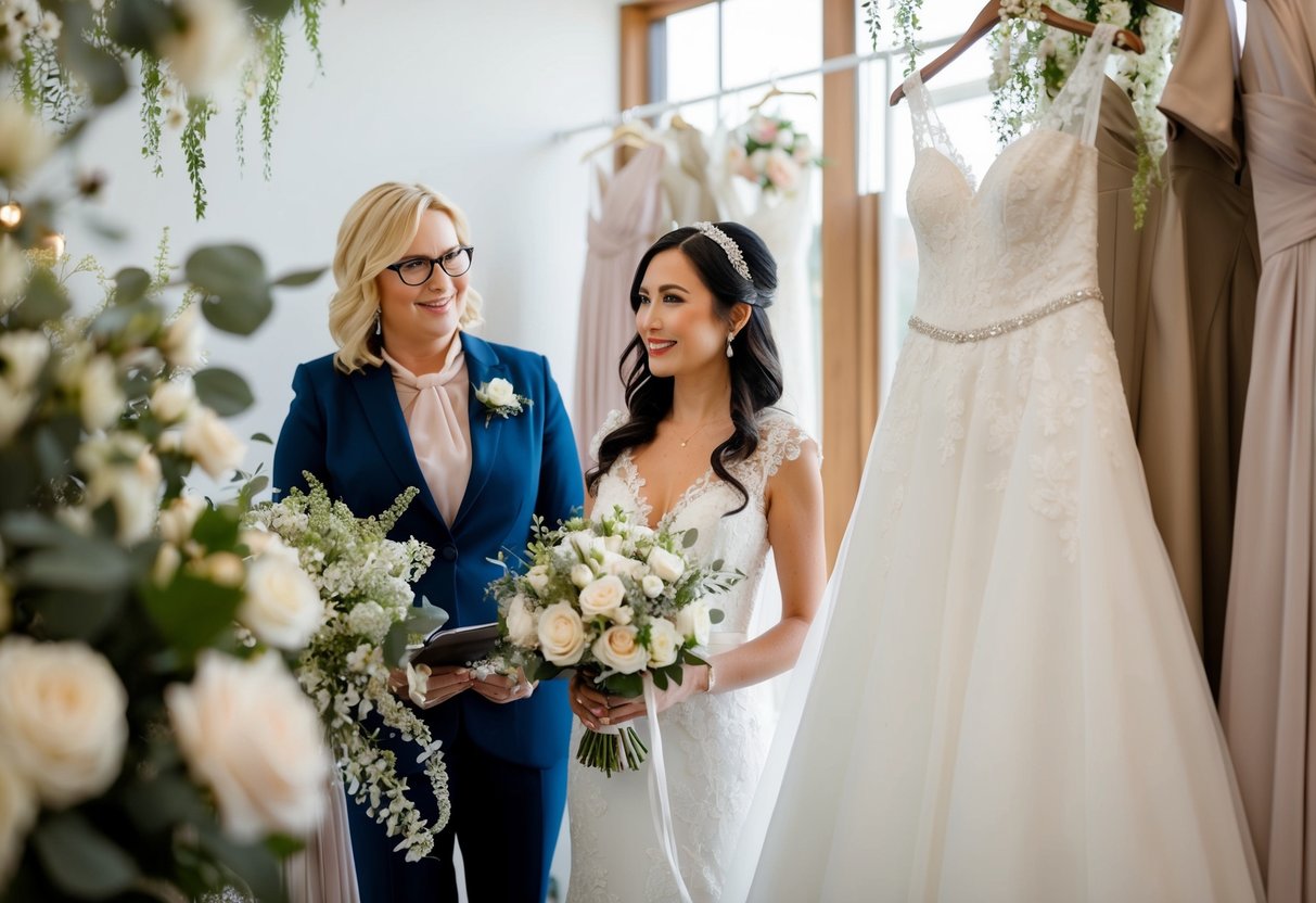 A wedding planner surrounded by wedding decor, holding a bouquet and gazing at a wedding dress