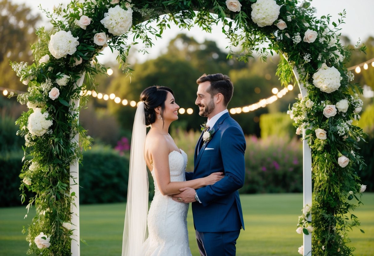 A wedding planner stands under a blooming archway, surrounded by lush greenery and twinkling lights, gazing lovingly at their partner