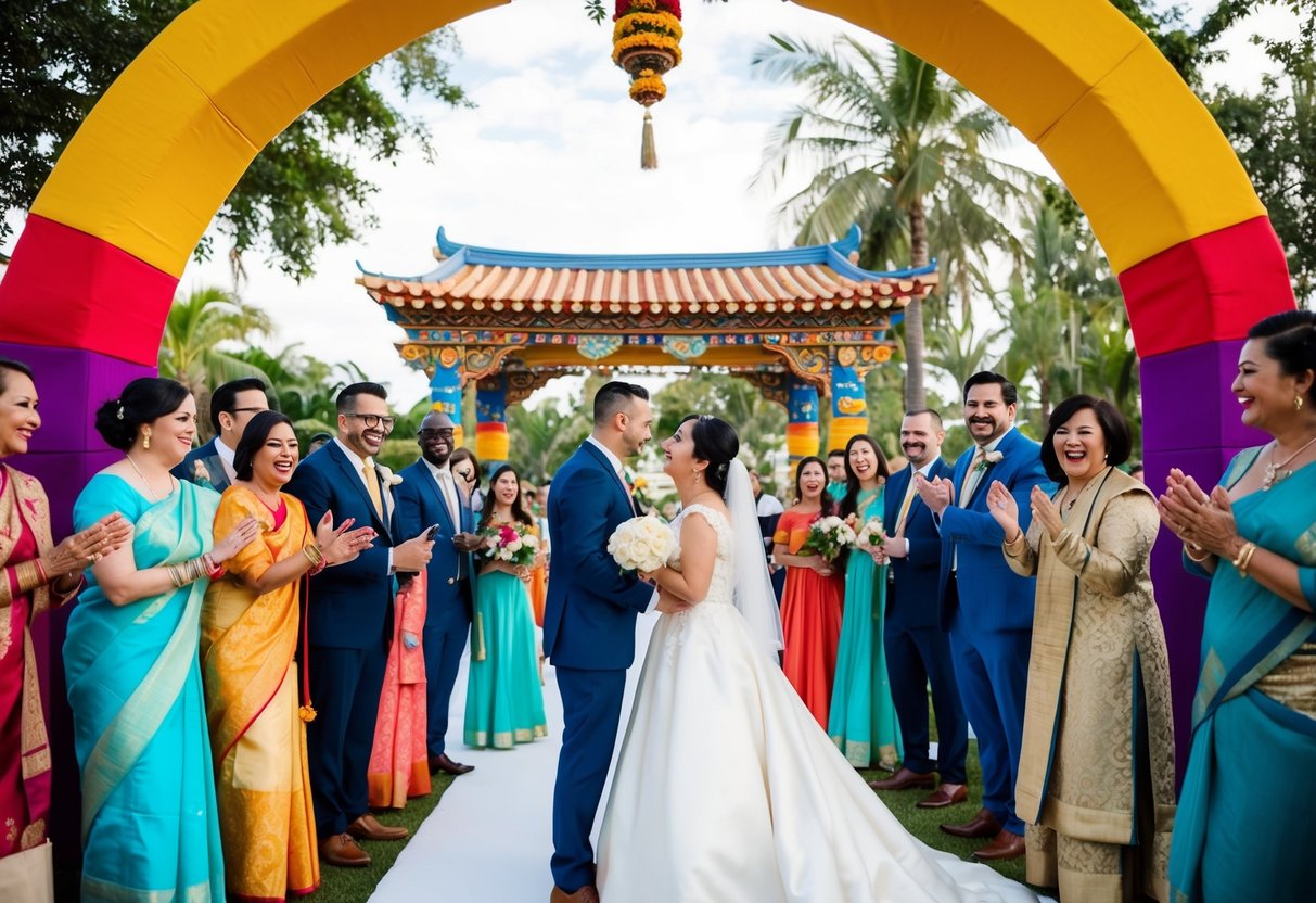 A wedding planner marries under a colorful, traditional arch surrounded by joyful guests from diverse cultural backgrounds