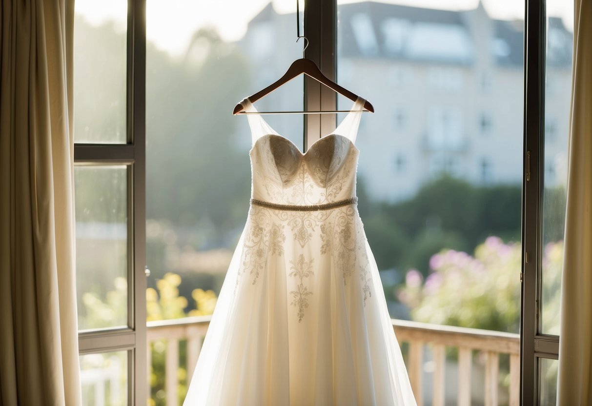 The bride's dress hangs on a hanger, bathed in soft natural light, as she prepares to step into it for her wedding day